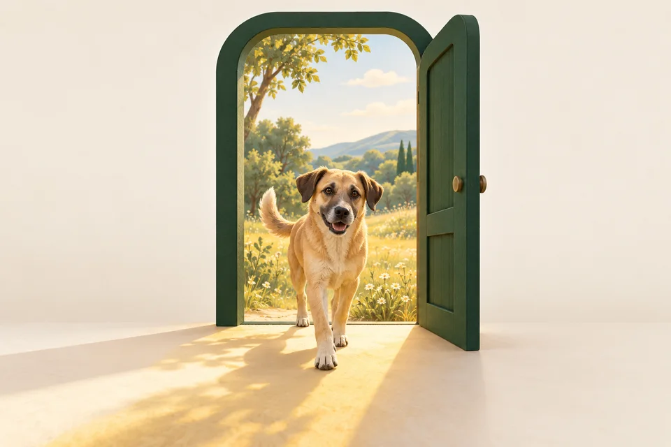Un cane attraversa un portone verde aperto su un giardino luminoso.